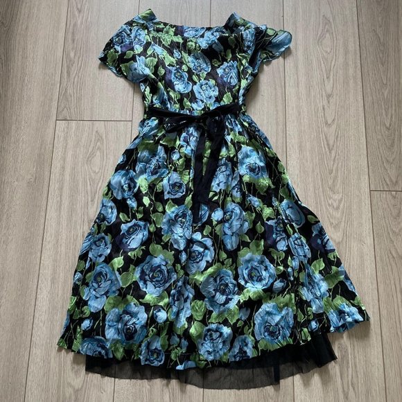 Free People Fit & Flare Dress Women Blue Size 0 Floral Cap Sleeves Silk - Picture 7 of 9